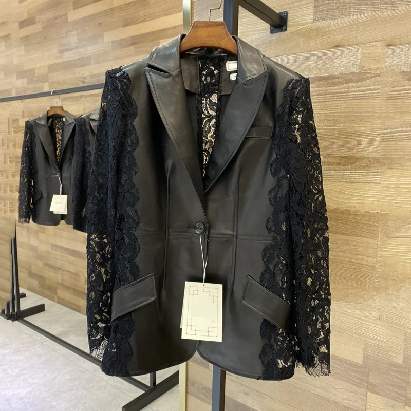 

jacket New brand genuine leather patchwork Bud silk long sleeves turn-down collar clothes ladies outerwear