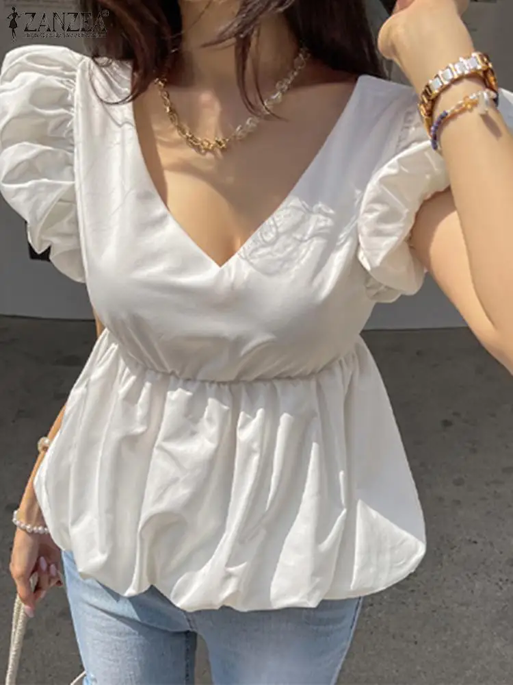 

Блузка ZANZEA женская с пышными рукавами, модная пикантная рубашка в Корейском стиле, с V-образным вырезом, с открытой спиной, туника-трапеция, элегантный топ с баской на талии, на лето