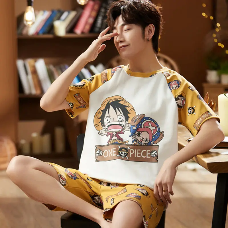 

Men's Pajama Set Summer Hot Anime Pijama Short Sleeve Tops with Shorts One Piece Japan Doraemon Sleepwear for Men Cartoon Luff