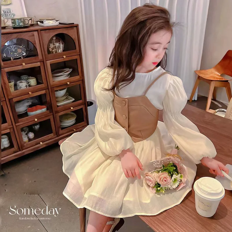 

Spring Autumn Baby Suits Girl Vest + Long Sleeve Dresses 2piece Kids Cute Princess Dress Children Chiffon Vestido 2 To10T TL