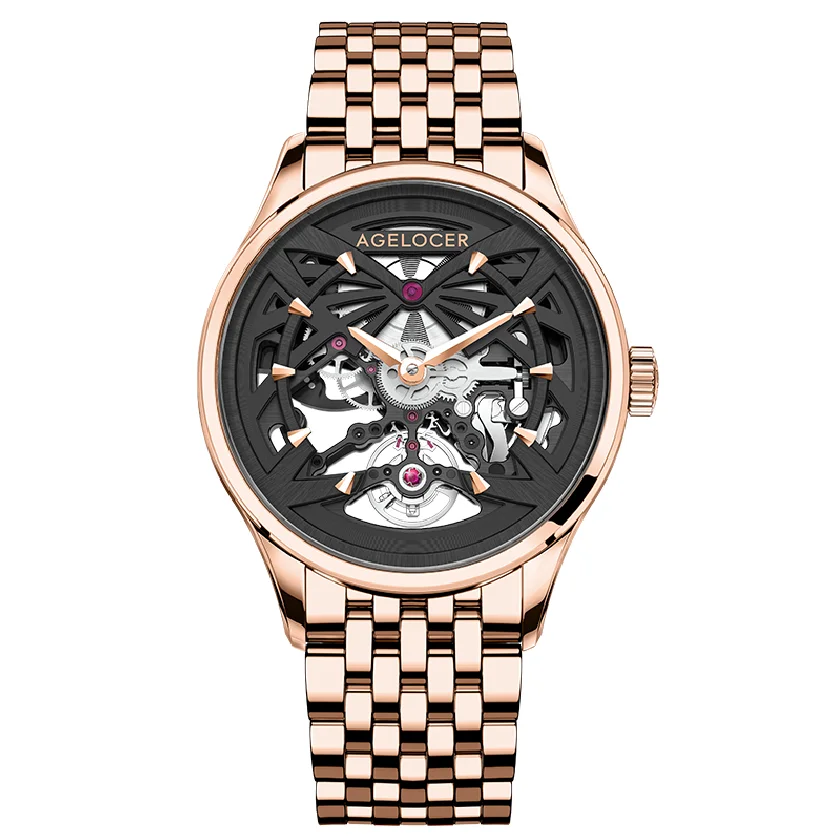 

AGELOCER Mechanical Watches Men Sapphire Skeleton Diamond Gold Watch Waterproof 41mm Watches For Men Reloj Hombre