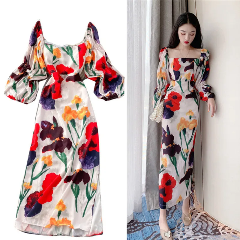 

Vintage Floral Print Puff Sleeve Summer Beach Sweet Dresses Casual Square Collar Straight Midi Dress Women