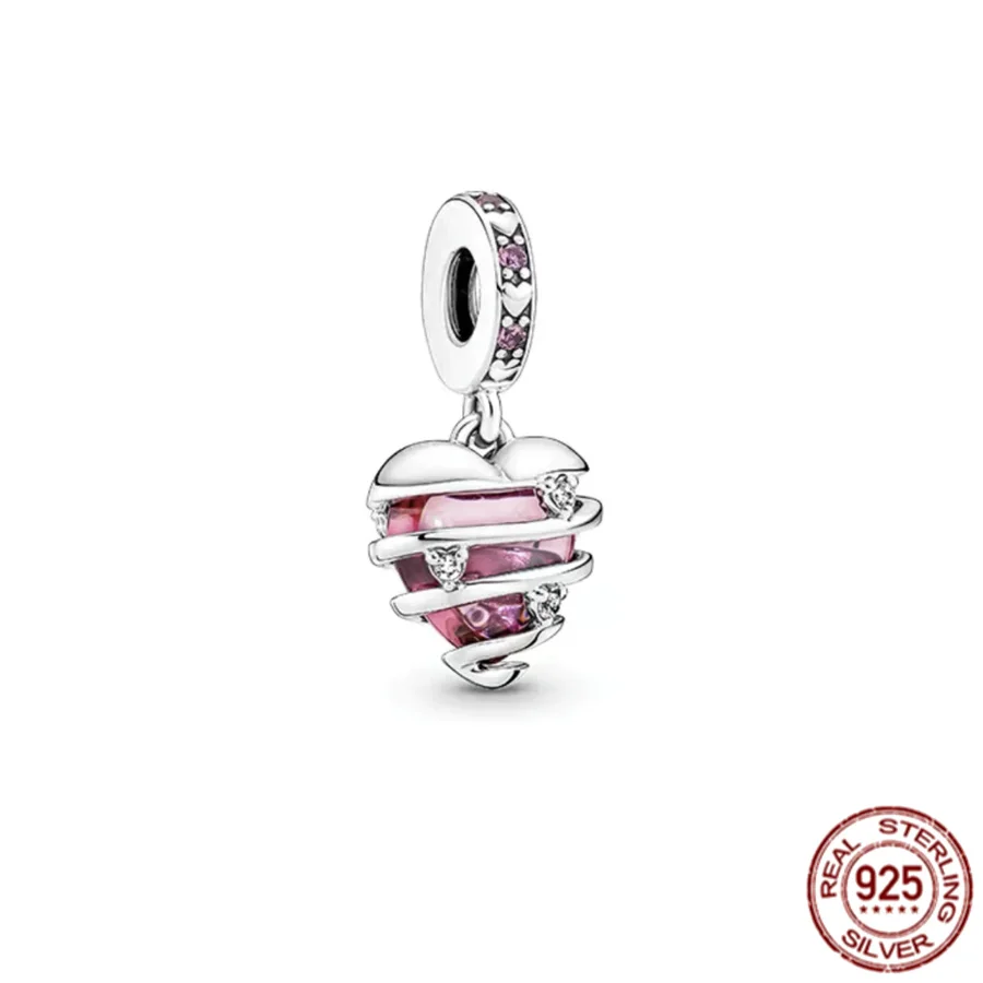 925 Sterling Silver Pink, Purple, Red, Sparkling Halo Heart Charm Bead Fit Original Pandora Bracelet Bangle Fine Jewelry Gift images - 6