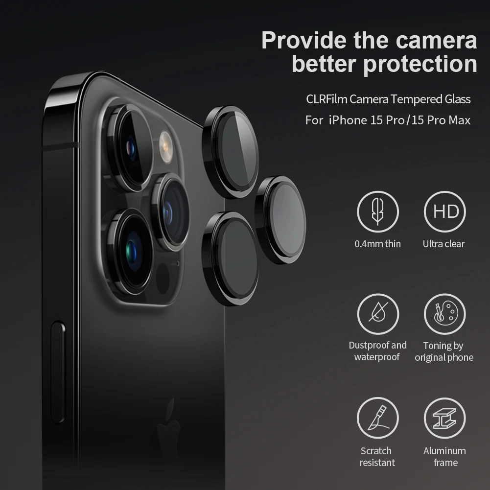 

Закаленное стекло NILLKIN для iPhone15 Pro/15 Pro Max, водонепроницаемая Защитная пленка для объектива камеры, рамка из алюминиевого сплава