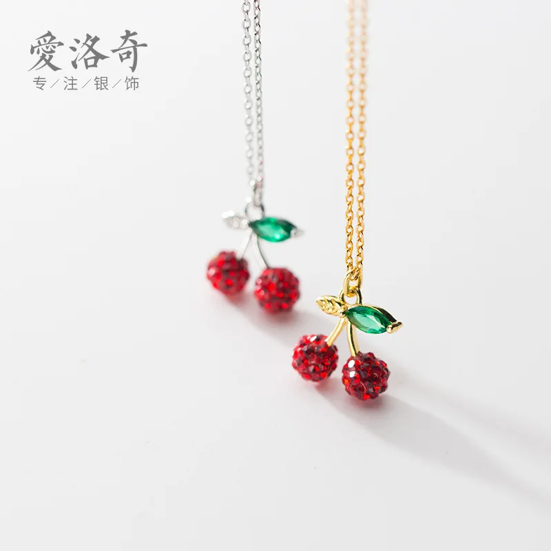 

Fresh Sweet Cherry Necklace Mori Style Simple Full Diamond Design Fashion Short Necklace