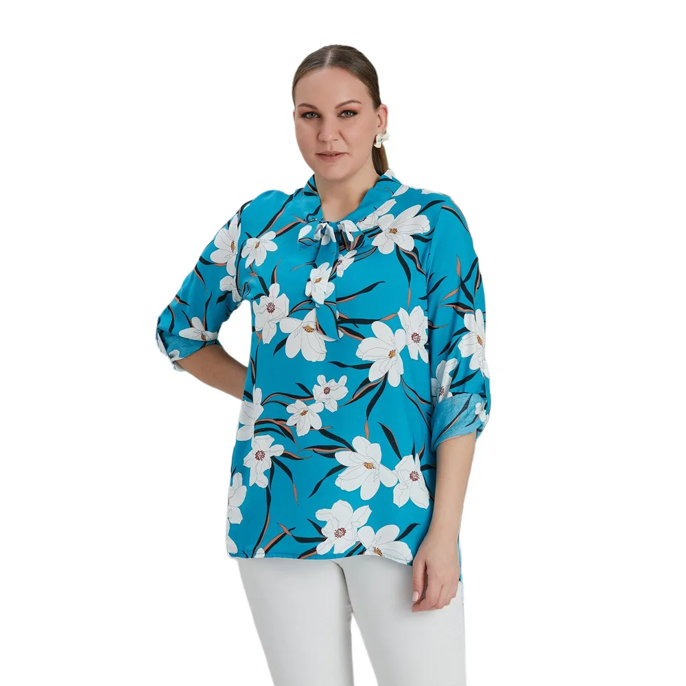 

Fcuffy women large size blouse Rg4621 binding collar folding long sleeve flower pattern turquoise