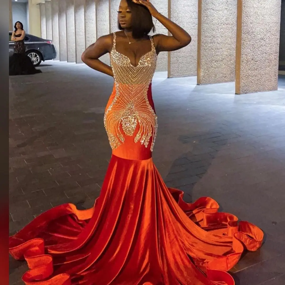 

FATAPAESE African Black Girls Golden Crystal Prom Dresses Spaghetti Straps Beading Evening Mermaid Dress Party Gowns For Women