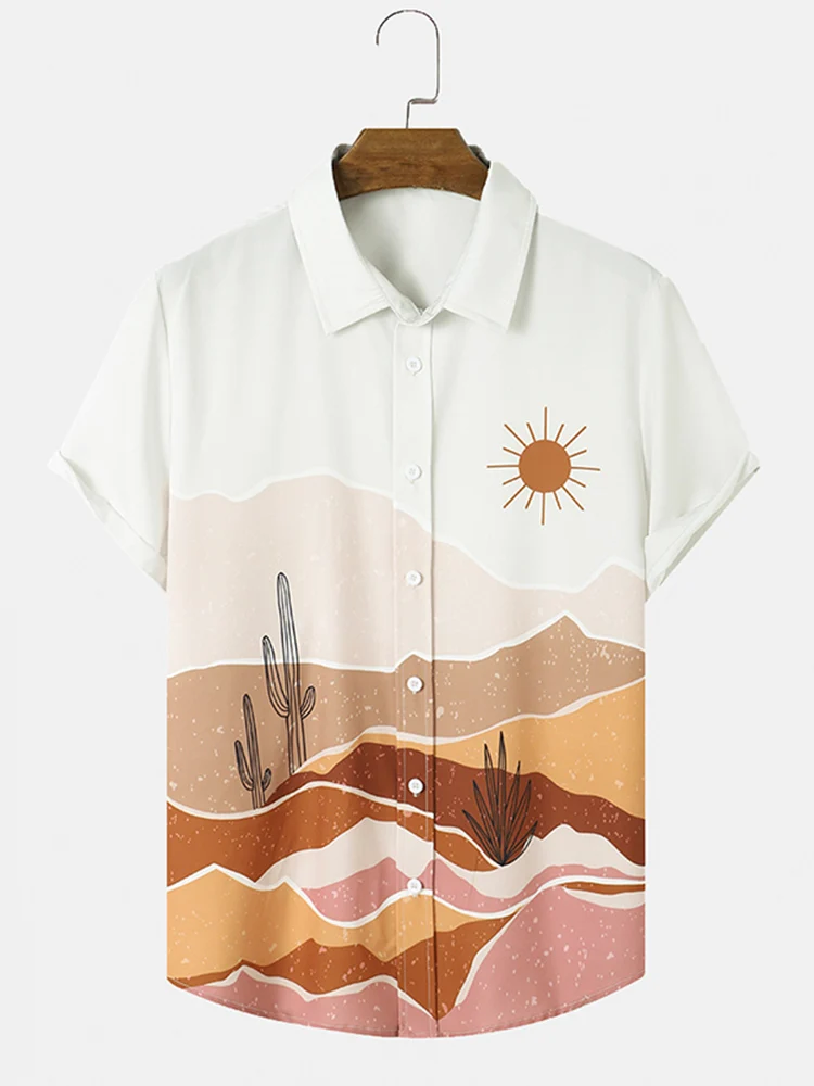 CharmkpR Tops 2023 Men's Cactus Desert Scenery Printing Blouse Casual Holiday Style Male Short Sleeve Lapel Button Shirts S-2XL