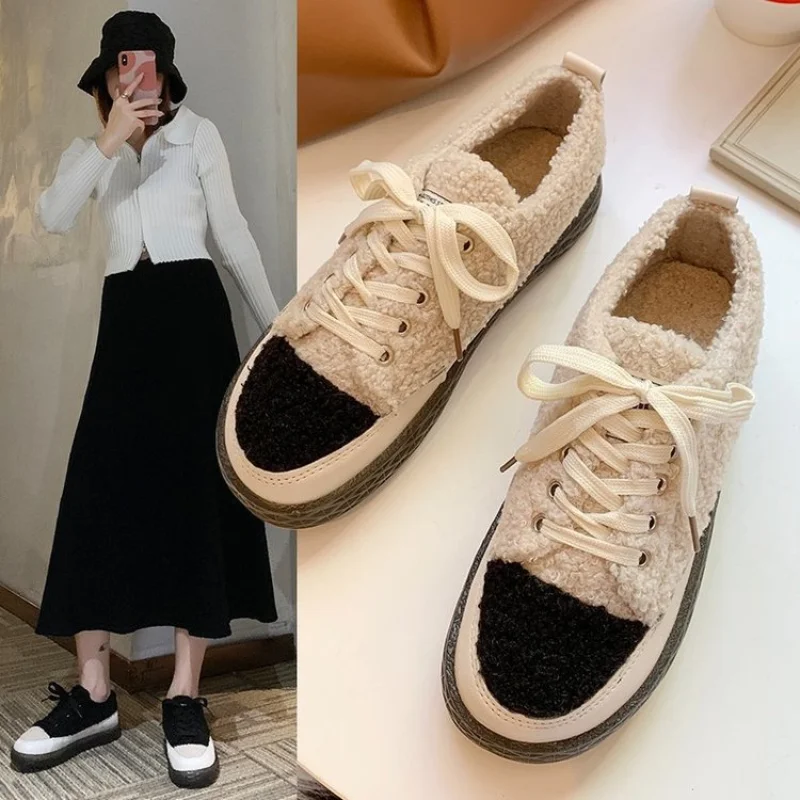 

Plus Velvet Peas Shoes Women's Winter New Color-blocking Flat-bottomed Casual Style Furry Snow Boots Cotton