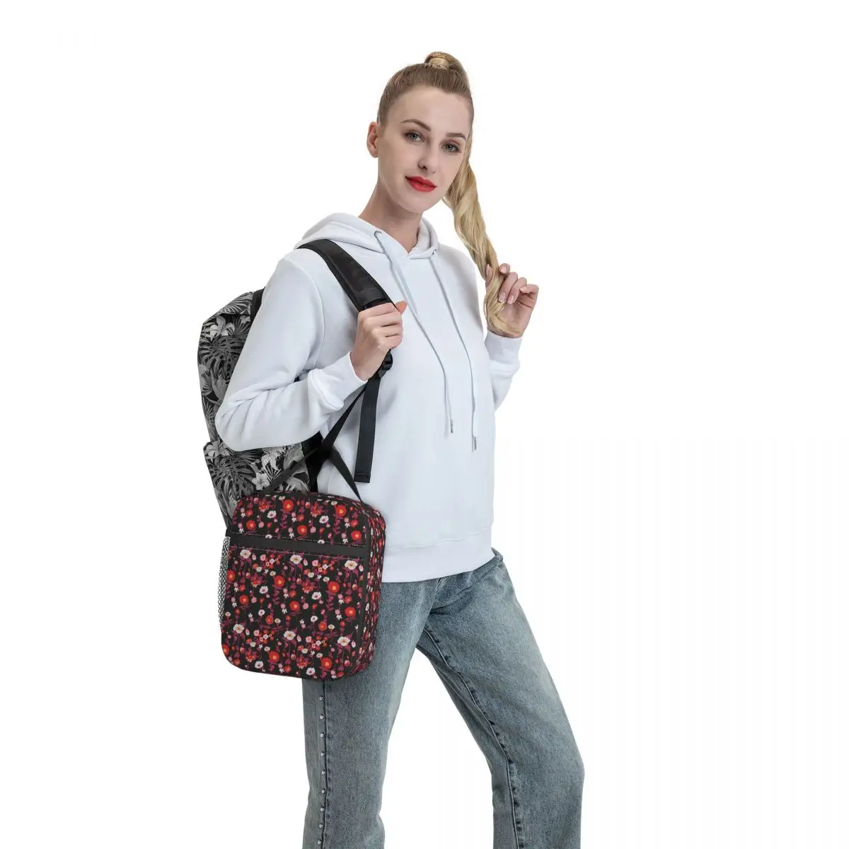 

Red White Flower Lunch Bag with Handle Floral Print Meal Mesh Pocket Cooler Bag New Cool Clutch Takeaway Thermal Bag