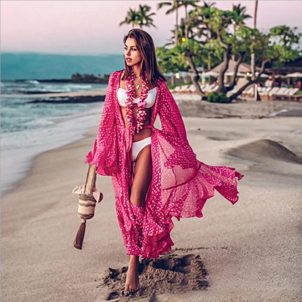 

Wepbel Beach Cover Ups for Swimwear Clothing Bohemian Beachwear Seaside Beach Vacation Polka Dot Chiffon Kimono Swimsuit