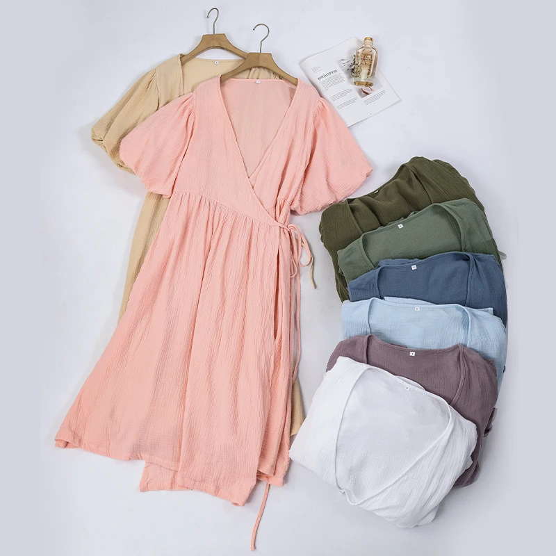 Шикарное женское платье из 100% хлопка с V-образным вырезом и пышными рукавами