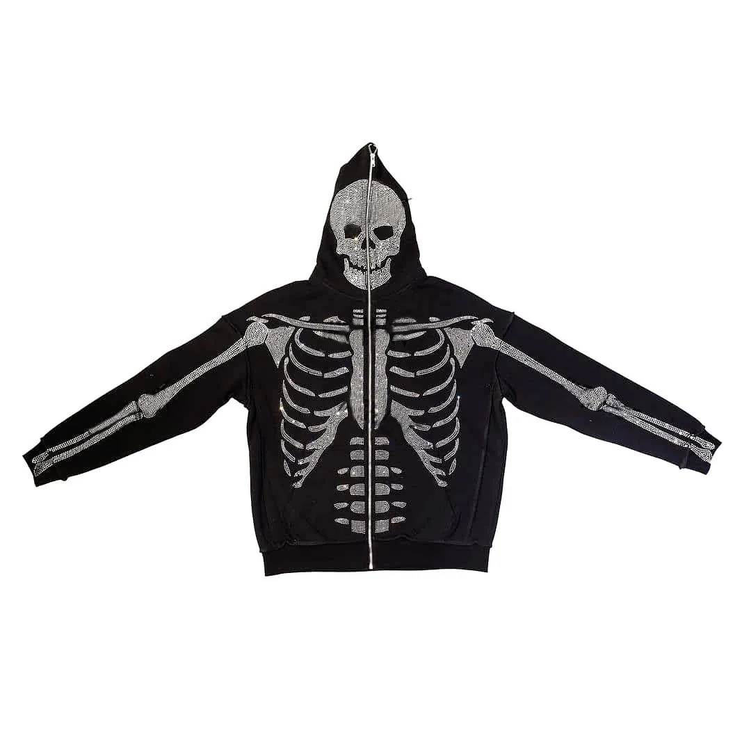 

Skeleton Oversized Full Zip Up Over Face Skull Rhinestone Diamond Y2k Hoodies Men Women Japanese Loose Cotton New Trend Coat