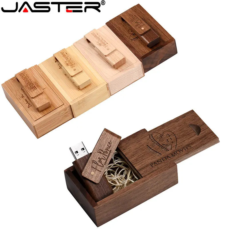 

JASTER Rotatable Wood USB Flash Drives 128GB Creative Photography Wedding Gift Pen Drive 64GB Free custom logo Memory stick 32GB