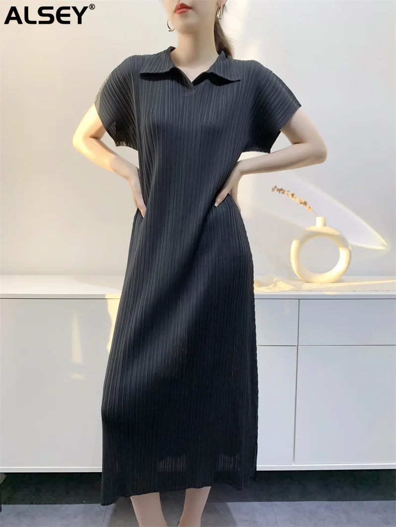 

Платье ALSEY Miyake женское Плиссированное, свободное тонкое элегантное однотонное платье средней длины с воротником-подкладкой и коротким рукавом, с Боковым Разрезом, на лето
