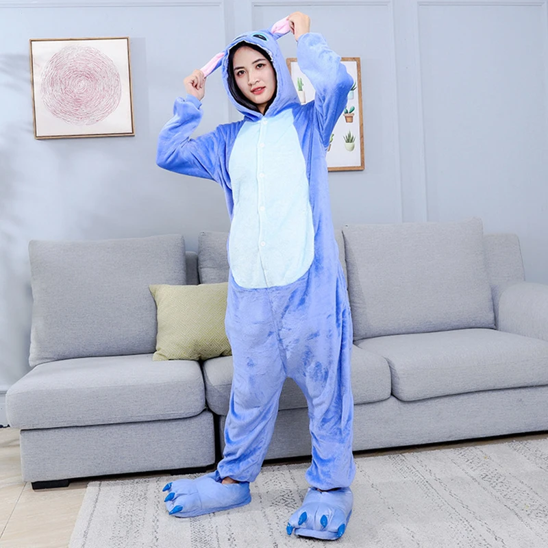 Unisex Adult Kigurumi Flannel Onesie Pajamas Cartoon Animal Cosplay Jumpsuits Sleepwear Halloween Party Costume Hooded Pyjamas