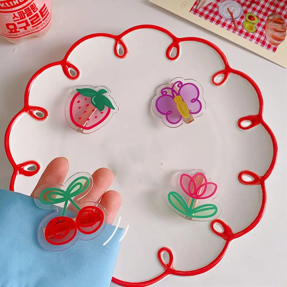 

Korean Cute Colorful Acrylic Fruit Peach Strawberry Hair Clips for Women Pink Tulip Flower Hairpins Geometric Hair Accessories