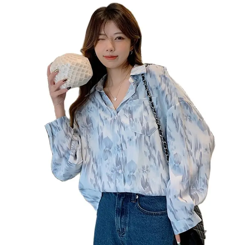 

Женская шифоновая рубашка с длинным рукавом, нежная окрашенная в завязку рубашка с принтом с лацканами в Корейском стиле, новинка 2022