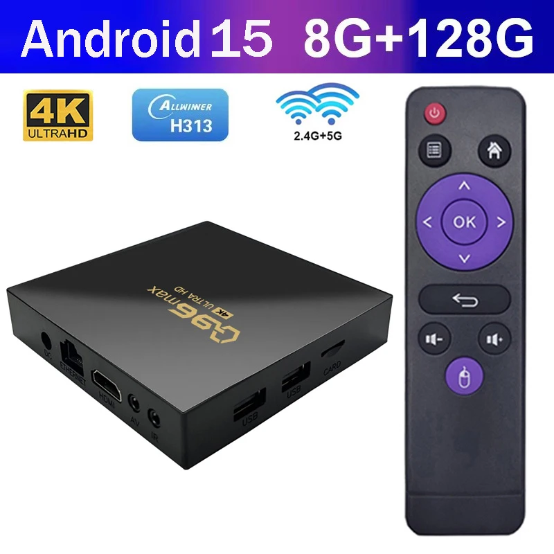 Фото ТВ-приставка Q96 Max на Android 15.0, Smart TV Box Allwinner H313, поддерживает 5G 4G Wi-Fi, HD 4K 1080P, 8 ГБ 128 ГБ, медиаплеер, IPTV-приставка. №2