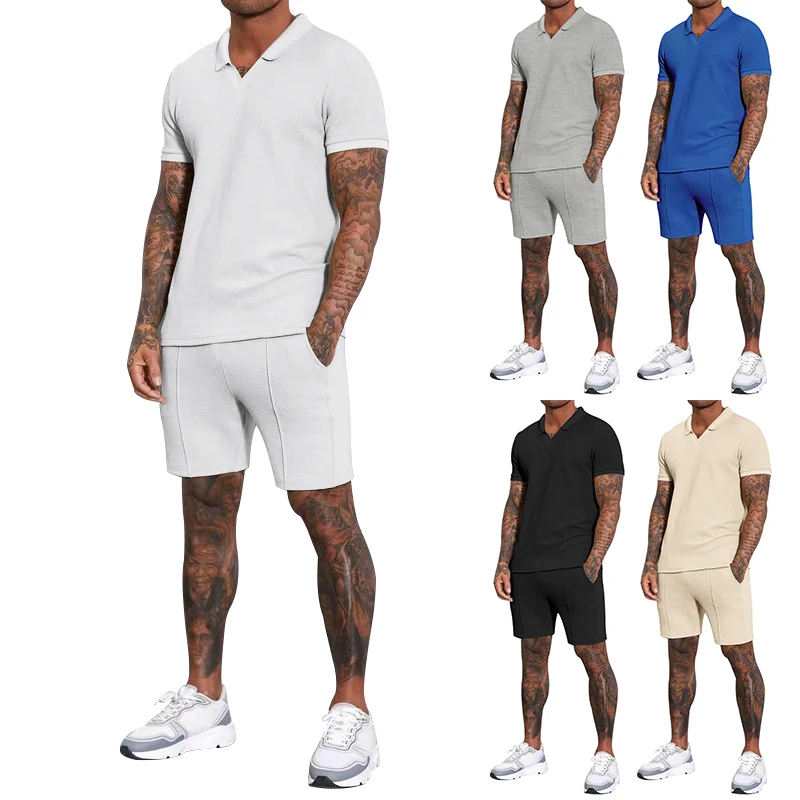 

Men's V-neck solid color casual short sleeved polo shirt+drawstring sports pants two-piece set