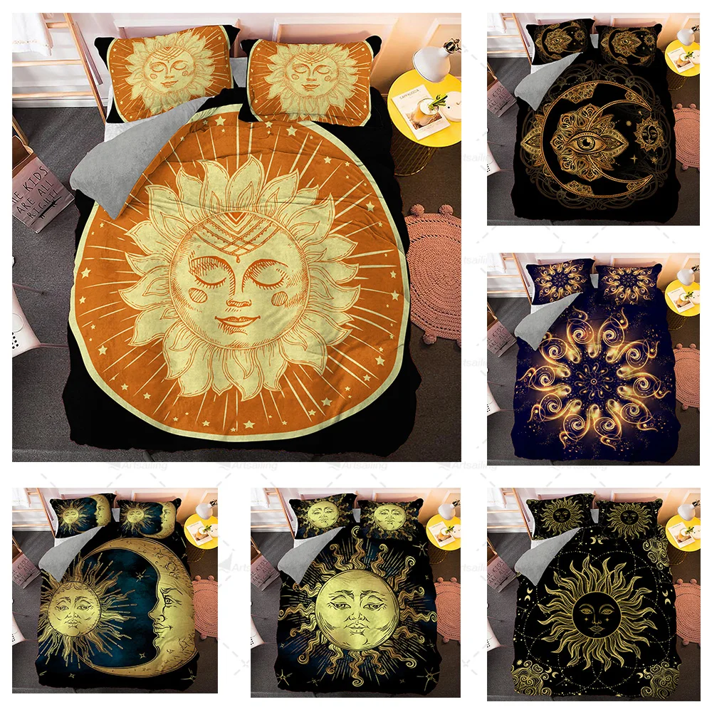 Comforty Luxury Golden Moon And Sun Bedding Set Classic 3D Design Custom Cover Printed King Size Home Decoration Bedclothes