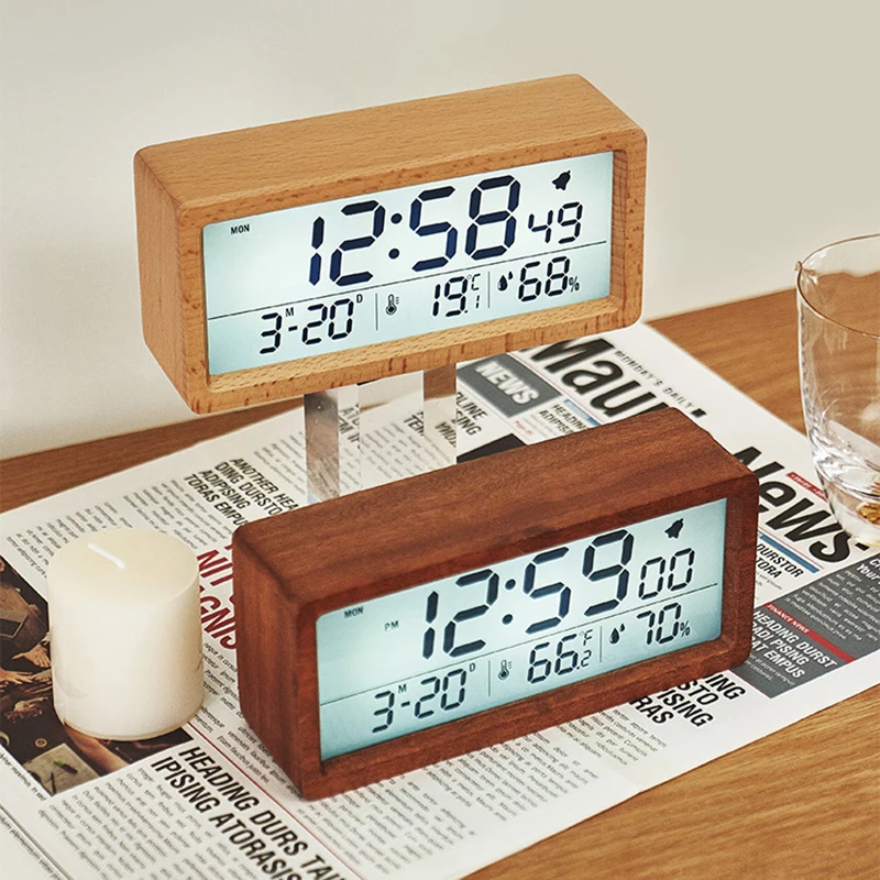 

LCD Solid Wood Production Clock Electronic Temperature Humidity Clock Luminous Bedside Clock Snooze Wood Alarm Desktop Clock