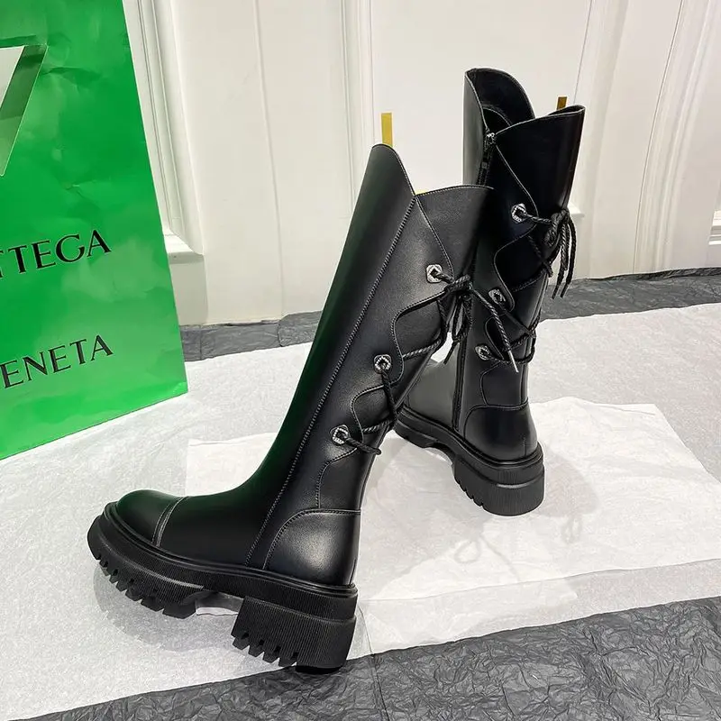 Women's Spring Autumn Boots Fashion Lady PU Leather Knee-High Back Lace Up Black Shoes Motorcycle Boots Female 2023 New