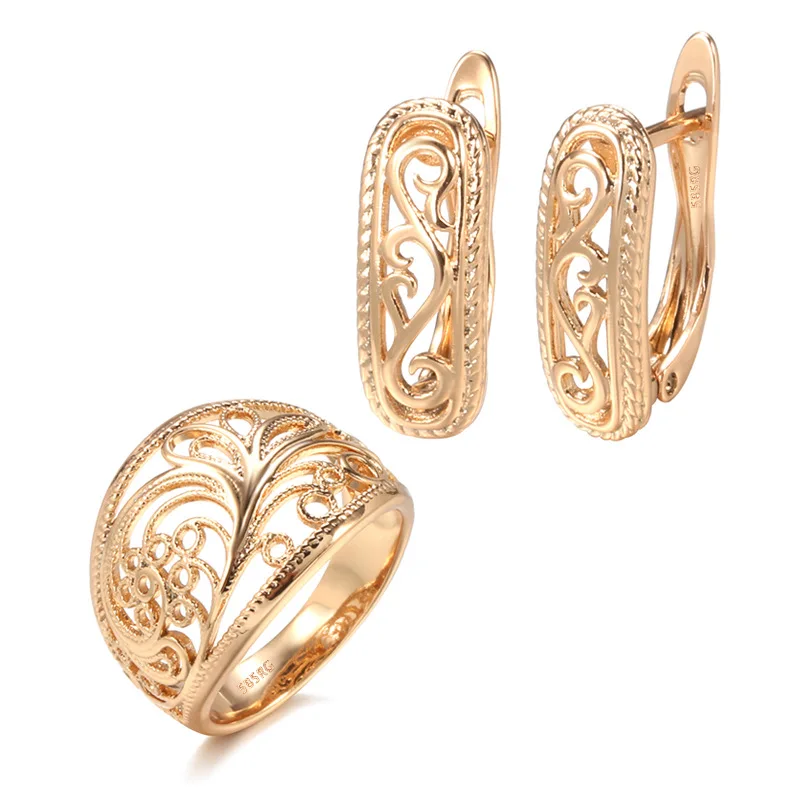 

New Design Women 585 Rose Gold Cubic Zircon Earring Ring Sets Hollow Pattern Vintage Daily Jewelry Wedding Gifts Free Shipping