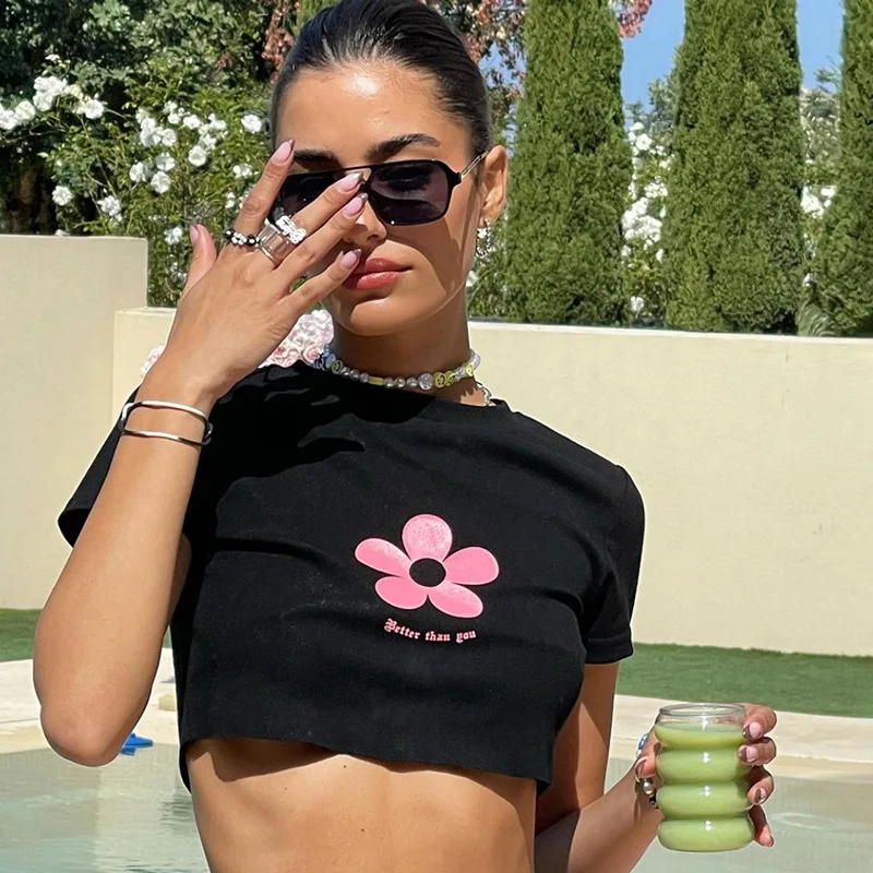 

Y2k aesthetic E-Girl sexy O-neck Slim crop top Harajuku T-shirt ins flower print kawaii graphic T-shirt summer women vintage Top
