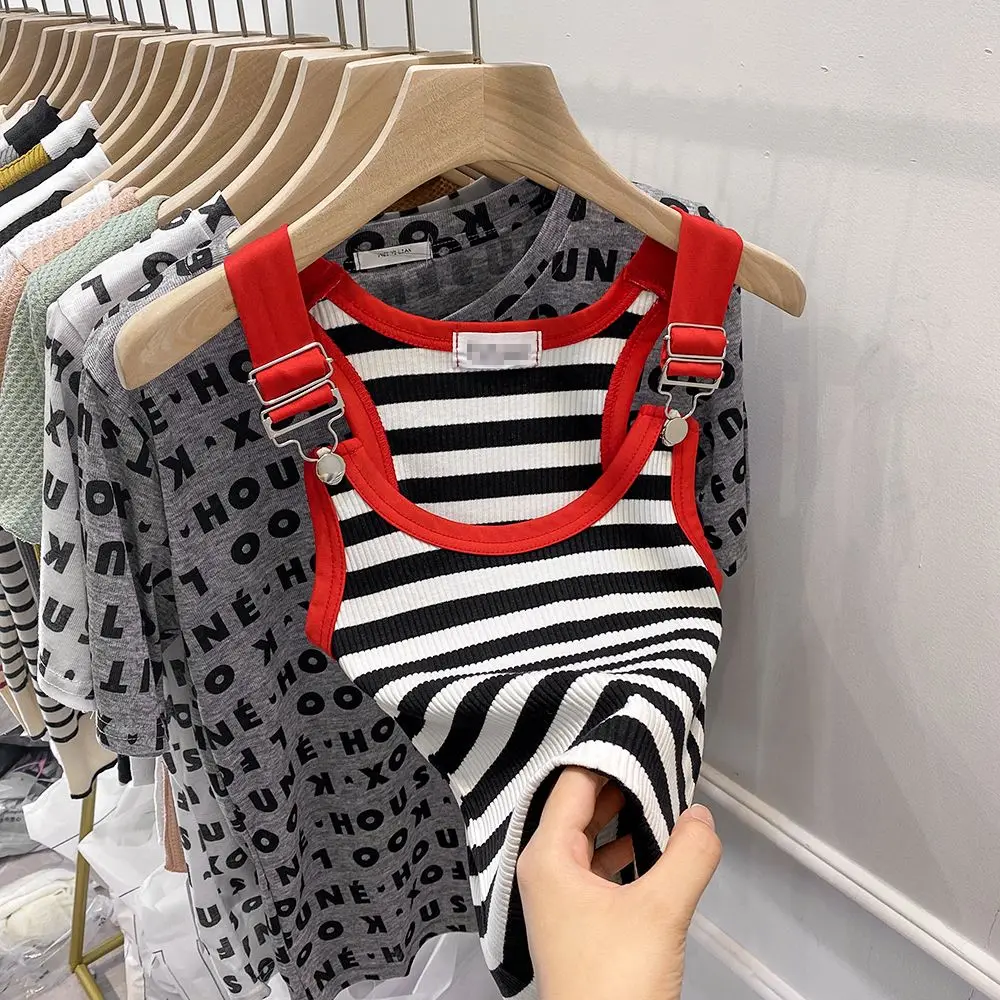 

Spice Girls Stripe Inside Wear Knits Vest Cotton Camisole Female Chic Sleeveless Tank Tops Sexy Crop Tops