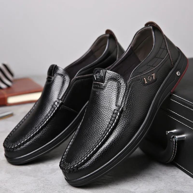 

Men Leather Shoes Genuine Round Shape Solid Color Waterproof and Non Slip Casual
