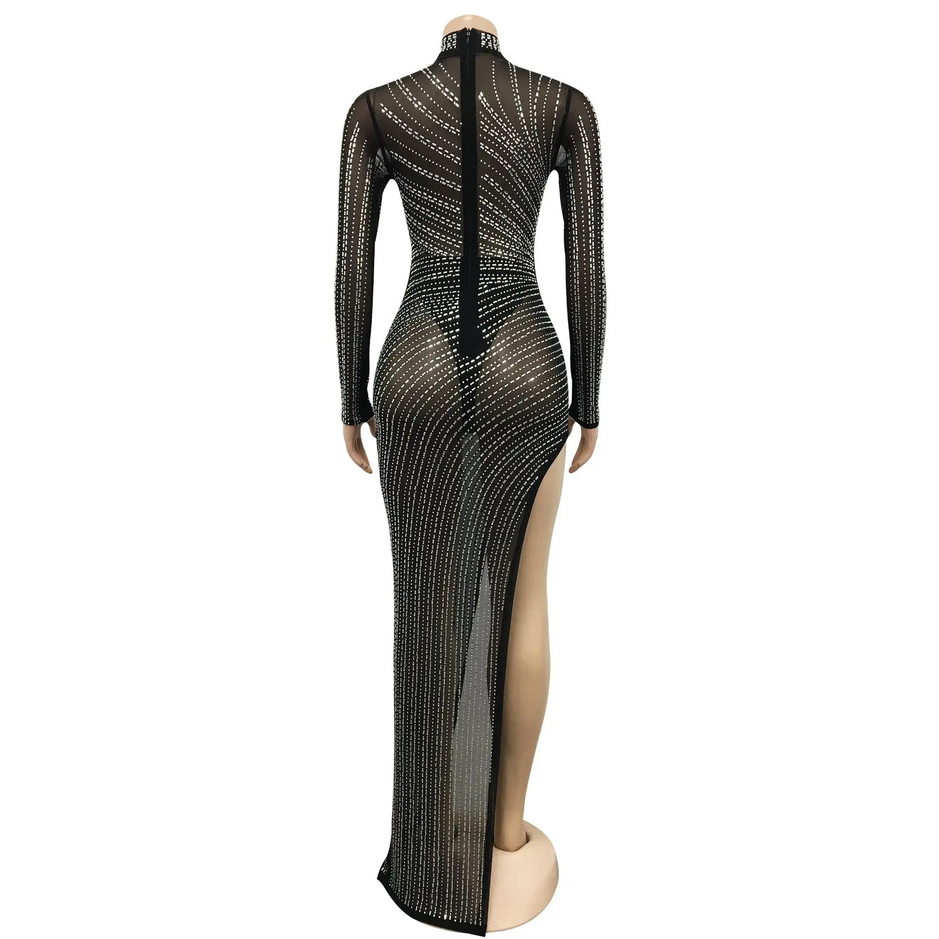 Plus Size Diamonds Sheer Mesh Sexy Party Dress Christmas Women Long Sleeve High Split Transparent Club Vestidos Luxury 2XL Gowns