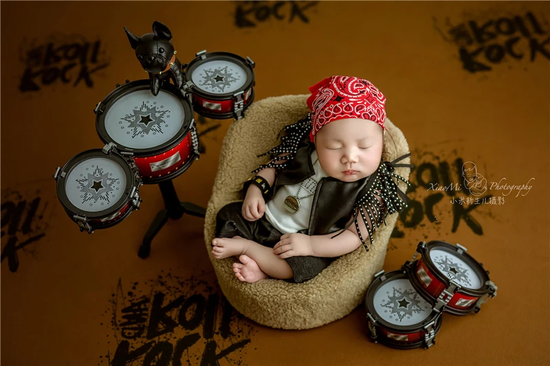 Newborn Baby Boys Photography Props Cool Rock Leather Outfits Mini Drum Guitar Glasses Decorations Fotografia Studio Photo Props enlarge