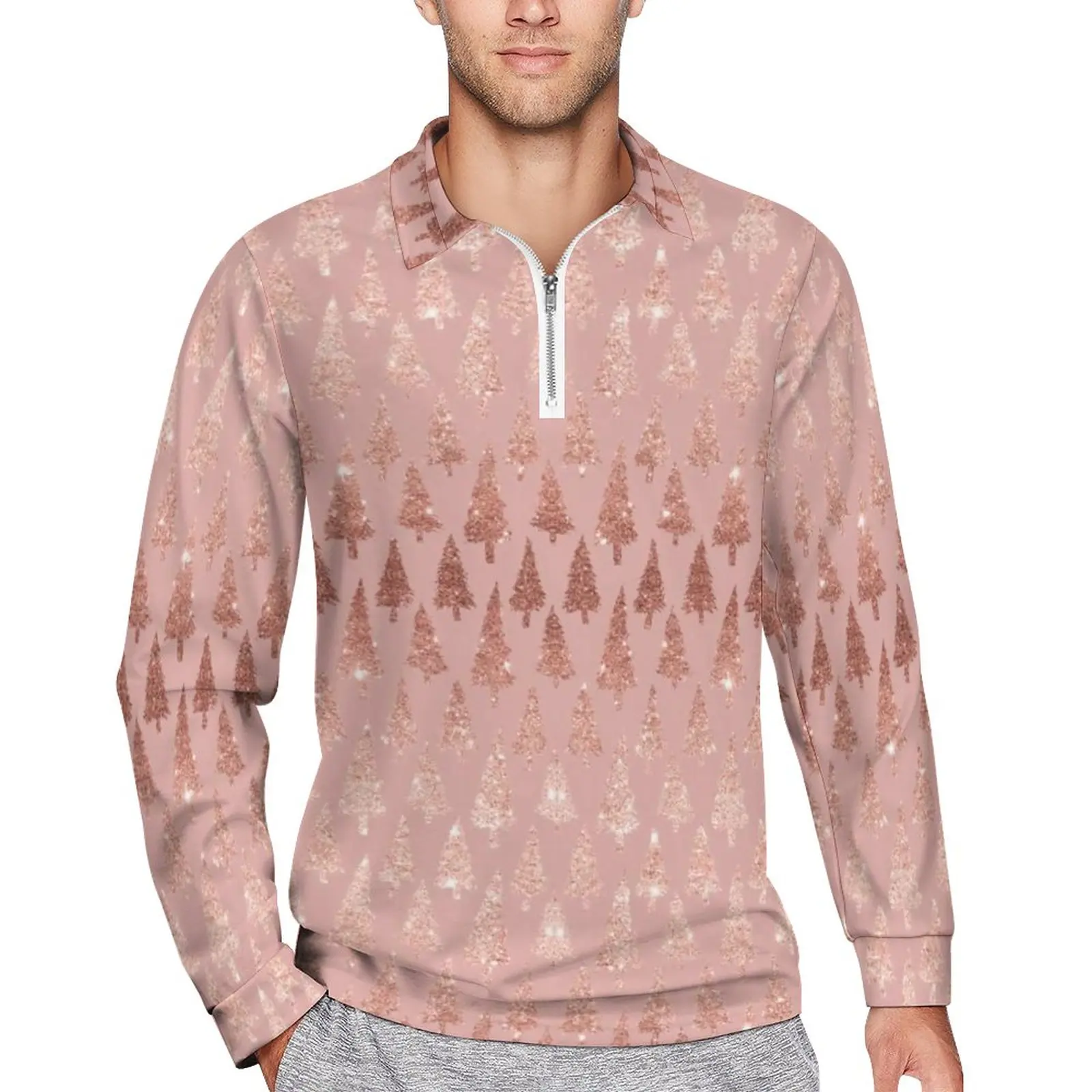 

Elegant Rose Gold Metallic Loose Polo Shirts Men Pink Mauve Xmas Trees Long Sleeve Casual T-Shirts Street Style Graphic Shirt