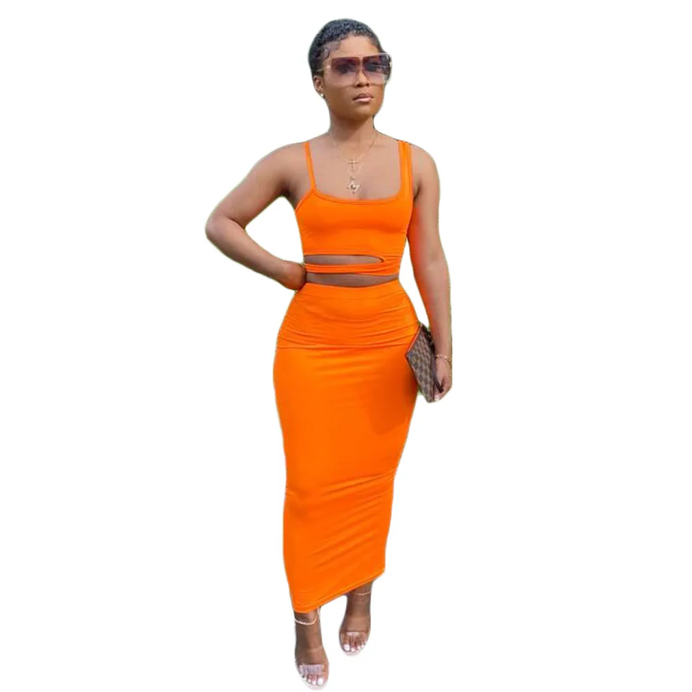 

Candy Color Solid Women Casual Two Piece Suits Tank Cut Tops With Pencil Skirts Female Suits