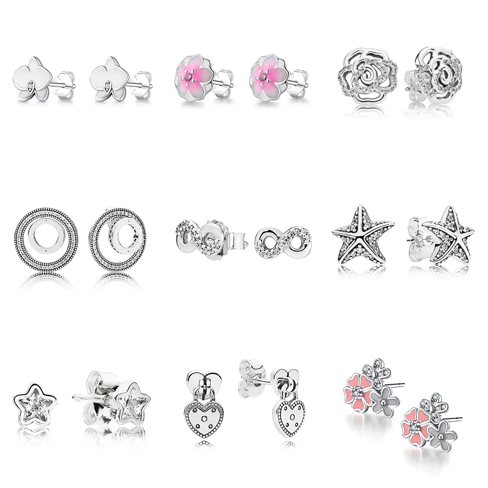 

1 Pair 925 Sterling Silver Earrings Diy Pink Flower Clear Cz Pentagram Earrings For Women Pandora Wedding Party Jewelry Gift