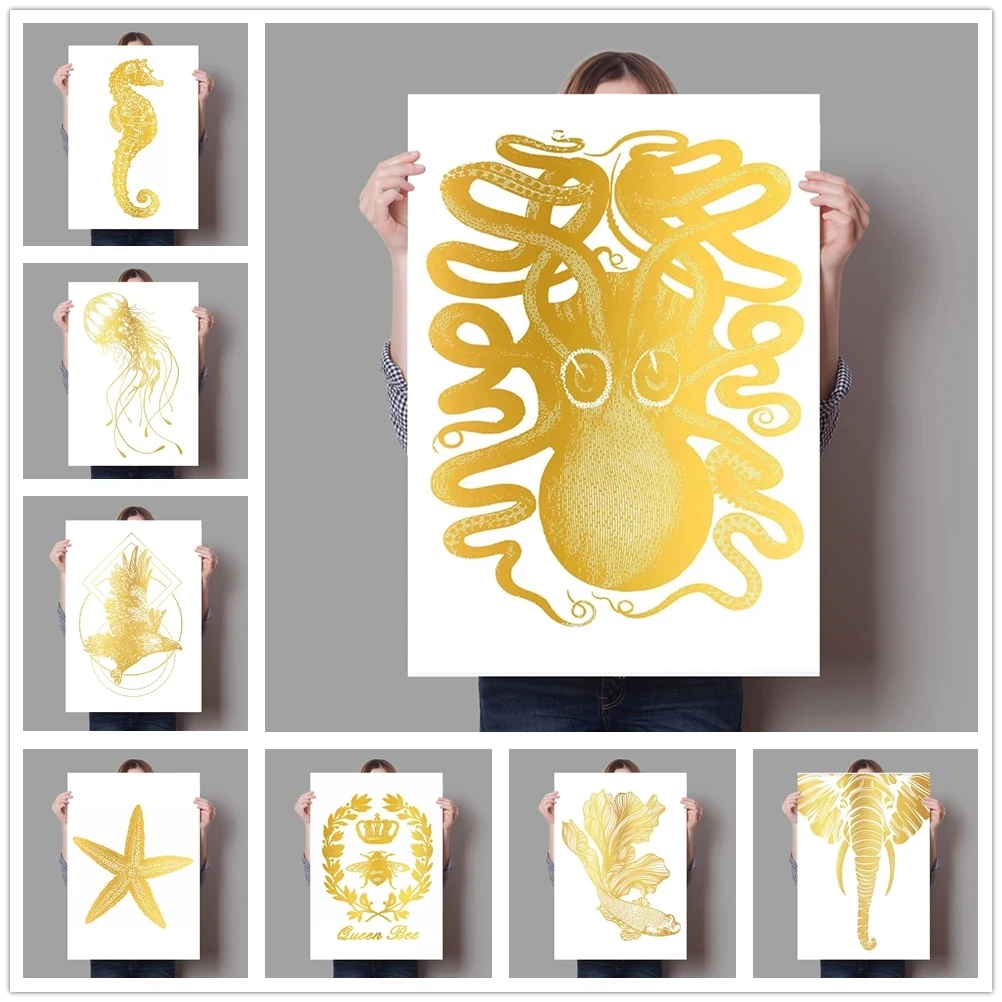 

Canvas Painting Print Modular Octopus Creatures Poster Golden Wall Art HD Animal Sea Picture Home Decor Artwork Bedroom No Frame