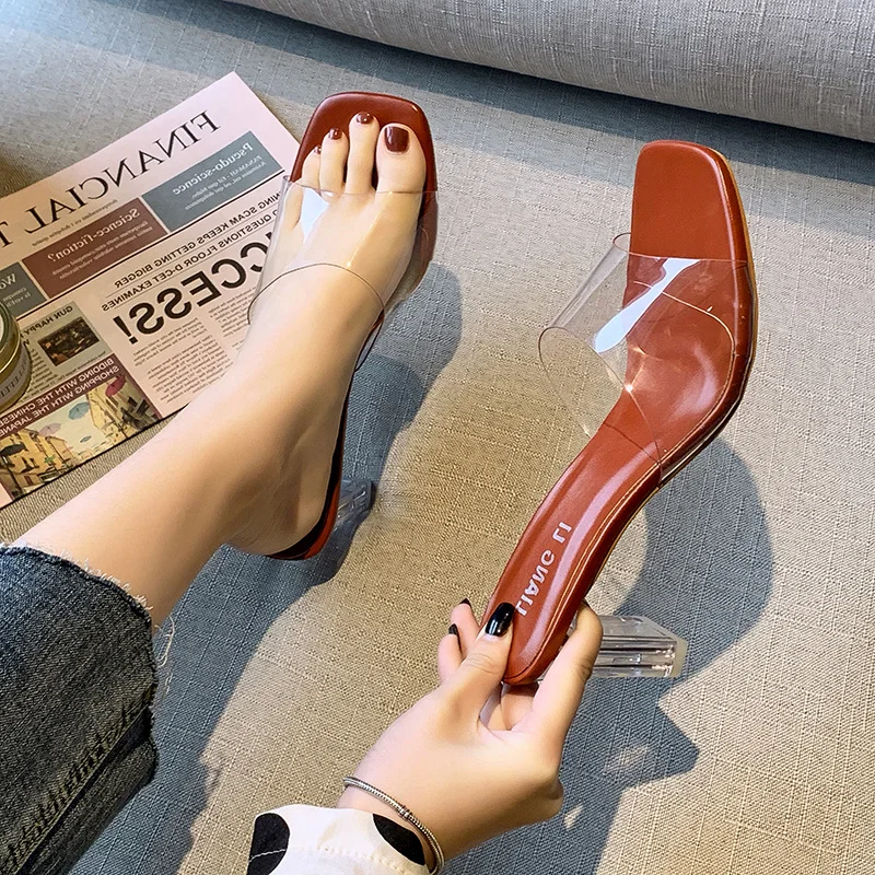 

Square heel Shoes Slippers Casual Slipers Women Transparent Heel Glitter Slides Heeled Mules Block Luxury 2022 Jelly High Rome F