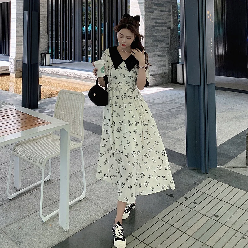 

Plus Size 4XL Women Floral Print Long Chiffon Dress Summer Short Sleeve Sweet Peter Pan Collar Beach Party Dresses Vestido Robe