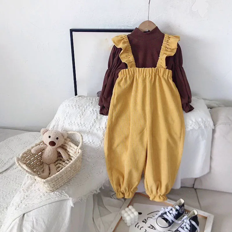 

Комплекты для девочек в Корейском стиле на весну и осень, новые модные милые кофейные топы для девочек и свободные однотонные вельветовые комбинезоны, костюмы из 2 предметов