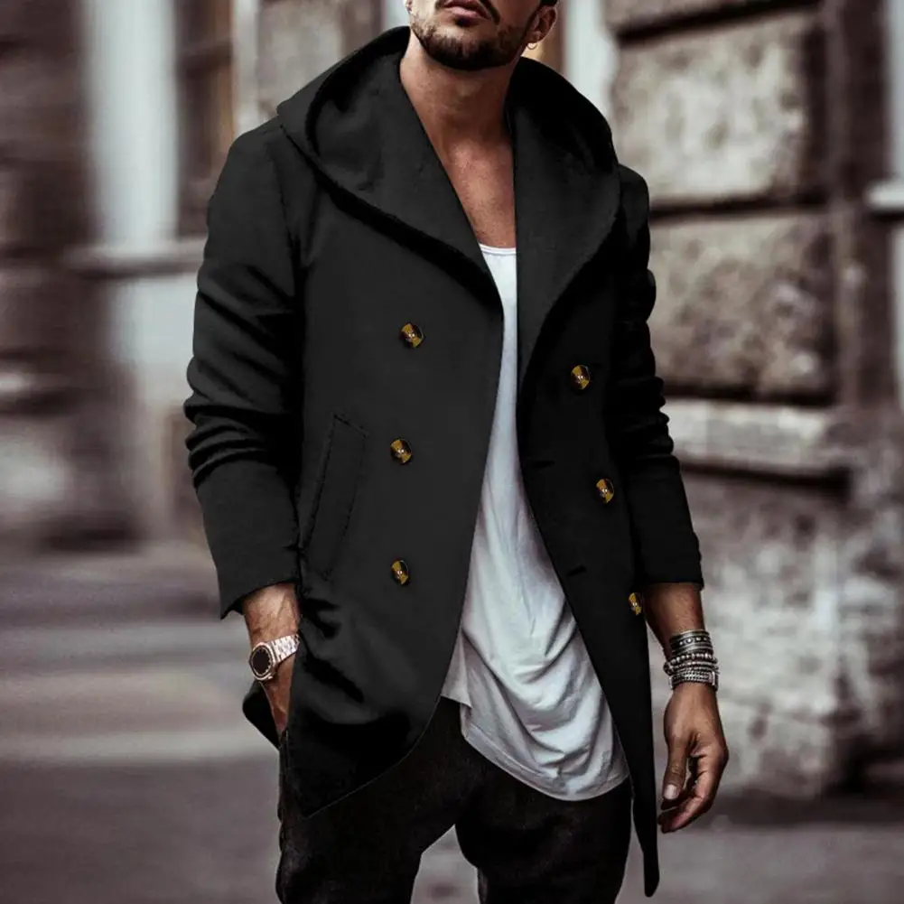 

Men Coat Long-sleeved Hooded Coat Men Winter Coat Stylish Men Double-breasted Hooded Coat Mid Length Solid Color Men Cardigan