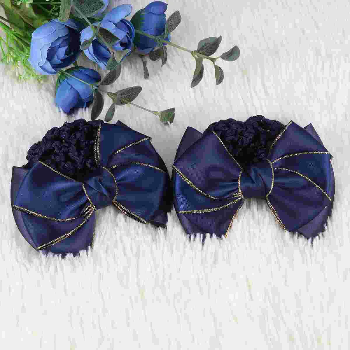 

2pcs Bowknot Hair Net Professional Hair Bun Cover Elastic Bow Net Snood Hair Clip for ( Blue )