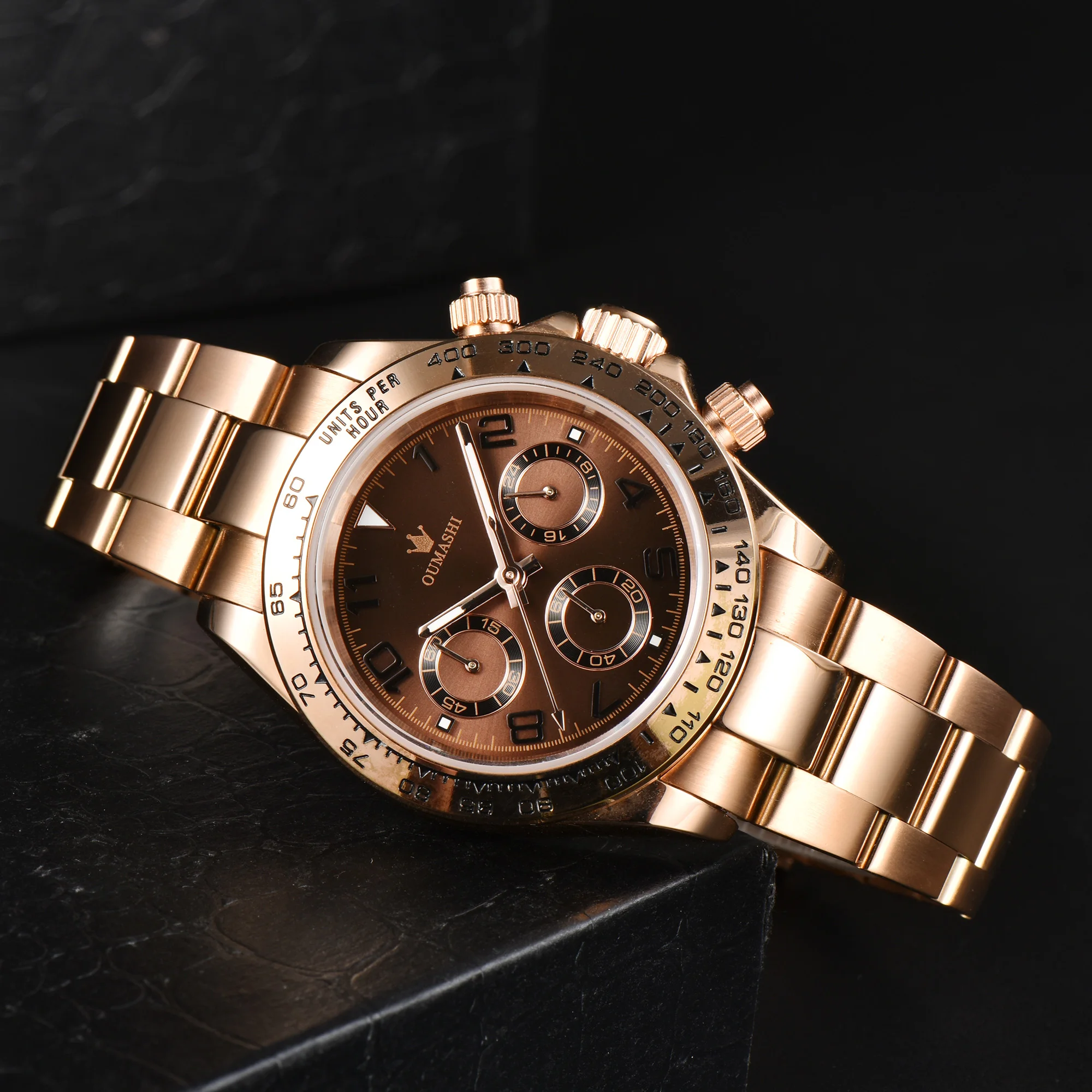 

39MM custom Logo watch sapphire glass Stainless steel case VK63 movement Rose color men's chronograph electronic code watch