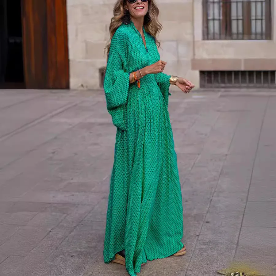 Женское осеннее длинное платье с v-образным вырезом и рукавами-фонариками