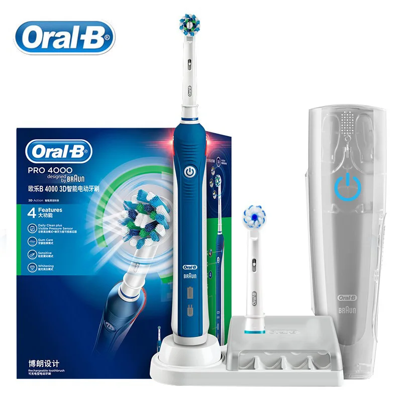Ультразвуковая электрическая зубная щетка Oral B Pro 4000 3D Smartseries с видимым датчиком давления, 4 режима, водонепроницаемая, перезаряжаемая