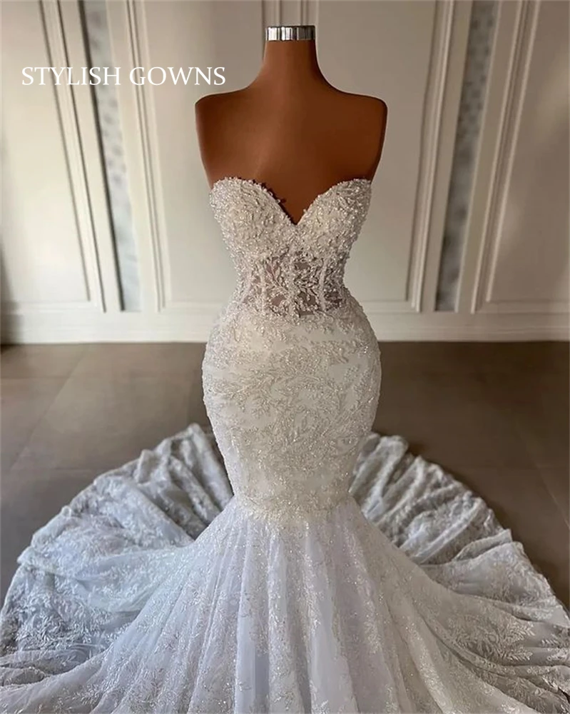 Купи Luxury New White Sweetheart Wedding Dress Beaded Bridal Gown Mermaid Evening Dresses With Tail Robe De Soirée Mariage за 13,200 рублей в магазине AliExpress