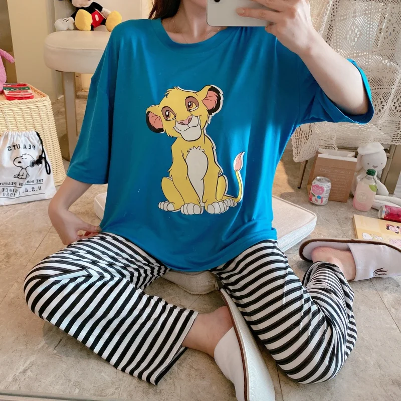 

Женская летняя Пижама, корейские брюки с коротким рукавом, комплект из 2 предметов, пижама с мультяшным принтом, молочный шелк, удобная одежд...