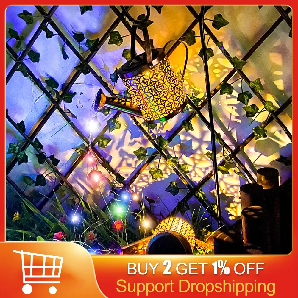 

Новая поливочная банка на солнечной батарее, сказочный светильник, уличный декоративный чайник, художественная лампа, металлический Желез...