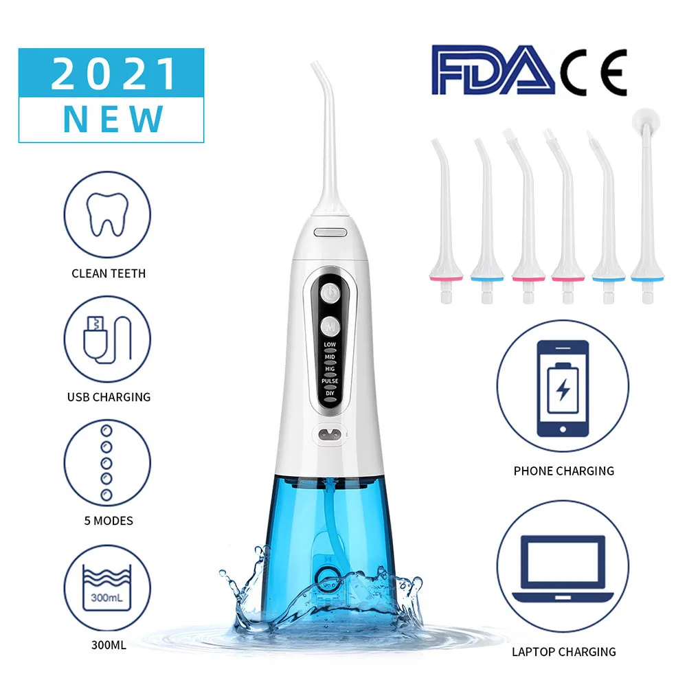 

AZDENT 5 Mode Oral Irrigator USB Rechargeable Dental Water Flosser Portable Dental 300ml Irrigator Dental Teeth Cleaner+6 Jet
