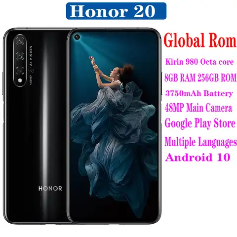 Смартфон Honor 20 с глобальной прошивкой, 6,26 дюйма, 8 ГБ, 128 ГБ, Восьмиядерный процессор Kirin 980, Android 10, суперзарядка, 3750 мАч, разблокировка по лицу, ...
